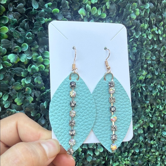 Hand Crafted Jewelry - Repurposed Faux Leather Blue Leaf Earrings with Crystal Accents